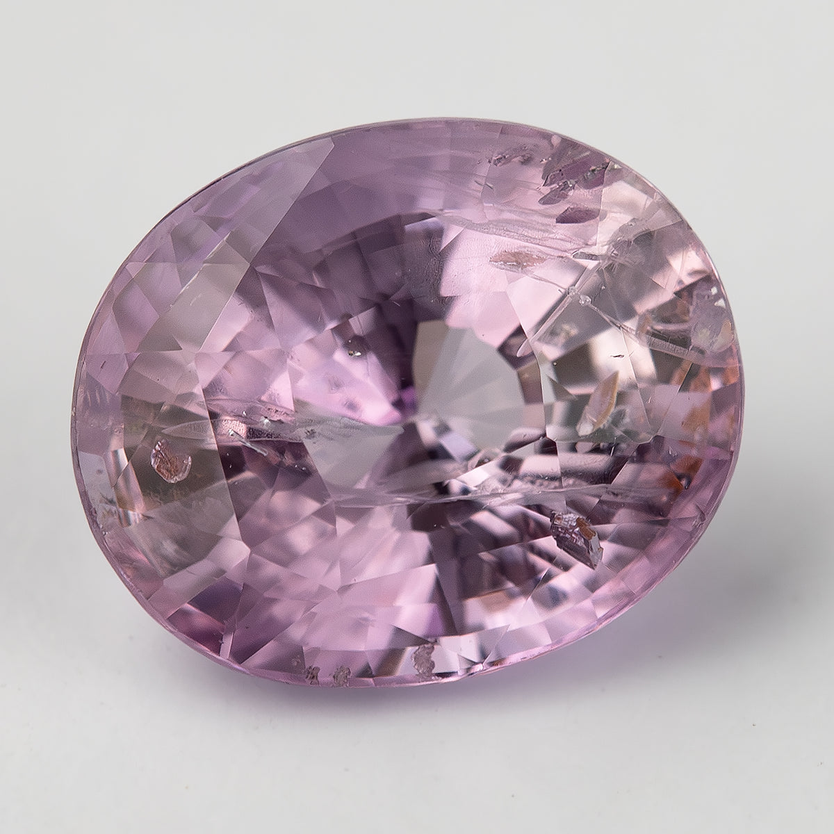Pink oval sapphire on white with its long axis nearly horizontal, showing a different pattern of crown reflections.