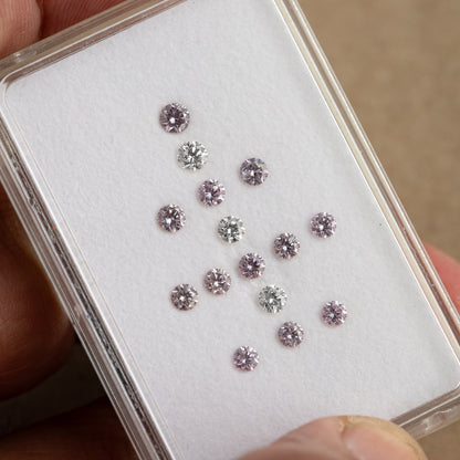 Close hand-held view of twelve purple-pink diamonds and three white comparison diamonds in a plastic box.