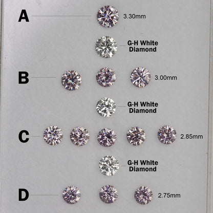 Reference chart showing purple-pink diamonds in size rows A–D with three white comparison diamonds, not included.