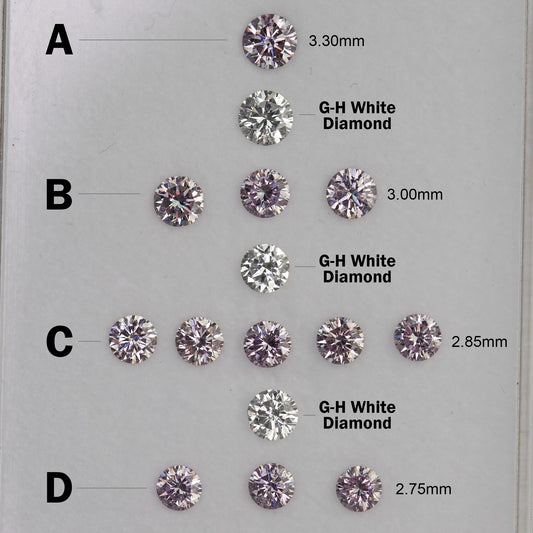 Reference chart showing purple-pink diamonds in size rows A–D with three white comparison diamonds, not included.