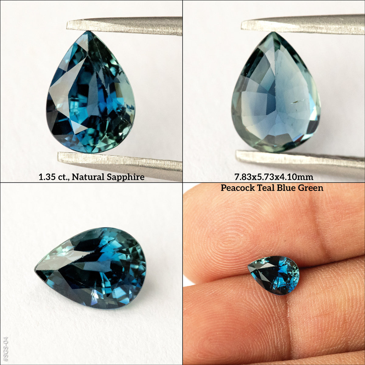 Four-view composite of the pear-shaped sapphire in tweezers and on fingers, labelled with weight and measurements.