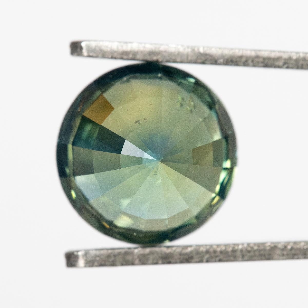 Direct pavilion-side view of the round green sapphire in tweezers, with lower facets converging to the center.