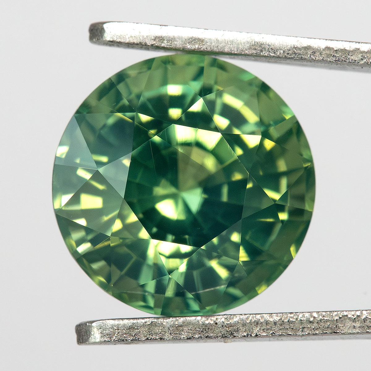 Round olive teal green sapphire held in tweezers against a white background.
