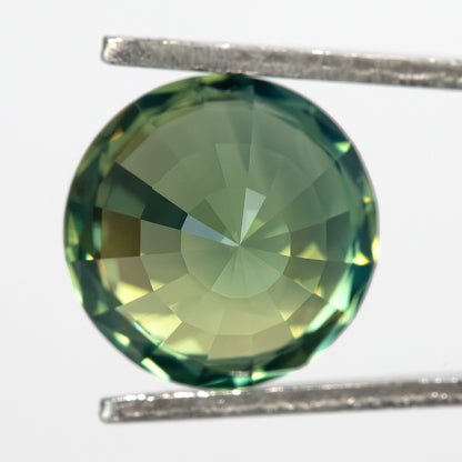 Direct pavilion-side view of the round green sapphire held in tweezers, with facets converging toward the center.