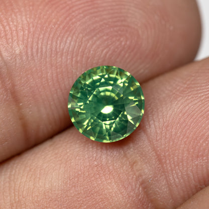 Close-up scale view of a round olive teal green sapphire held between fingers.