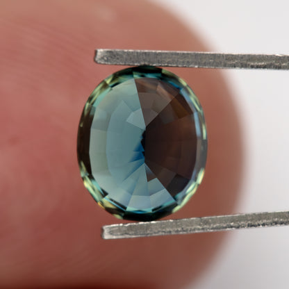Pavilion-side view of the oval sapphire in tweezers against a fingertip for scale.