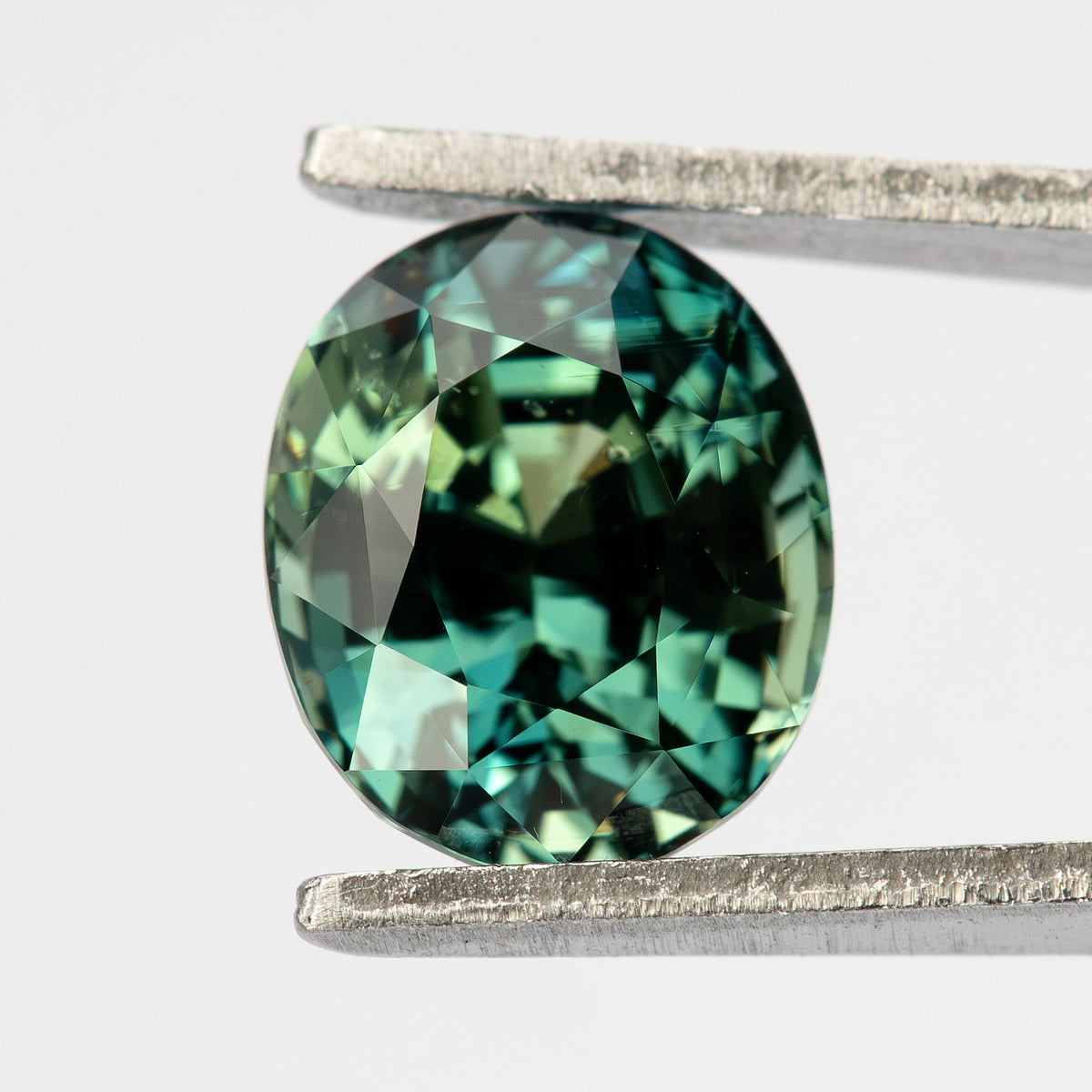 Oval-shaped teal blue-green sapphire held face-up in tweezers against a white background.