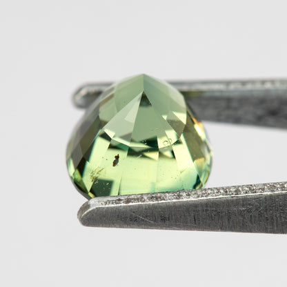 Oval-cut teal blue-green sapphire held by tweezers, showcasing its facets and depth from a side angle.