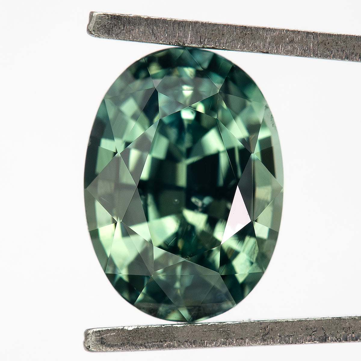 Teal-green oval sapphire upright in tweezers, with bright green facets around a darker central reflection.