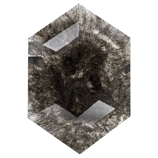 Face-up hexagonal gray salt and pepper diamond with broad rose facets and prominent mottled inclusions on a pale background.