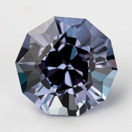 8 mm Sakura Cut Lab-Grown Color-Change Sapphire, GFCO Report, product photograph 1, a view.