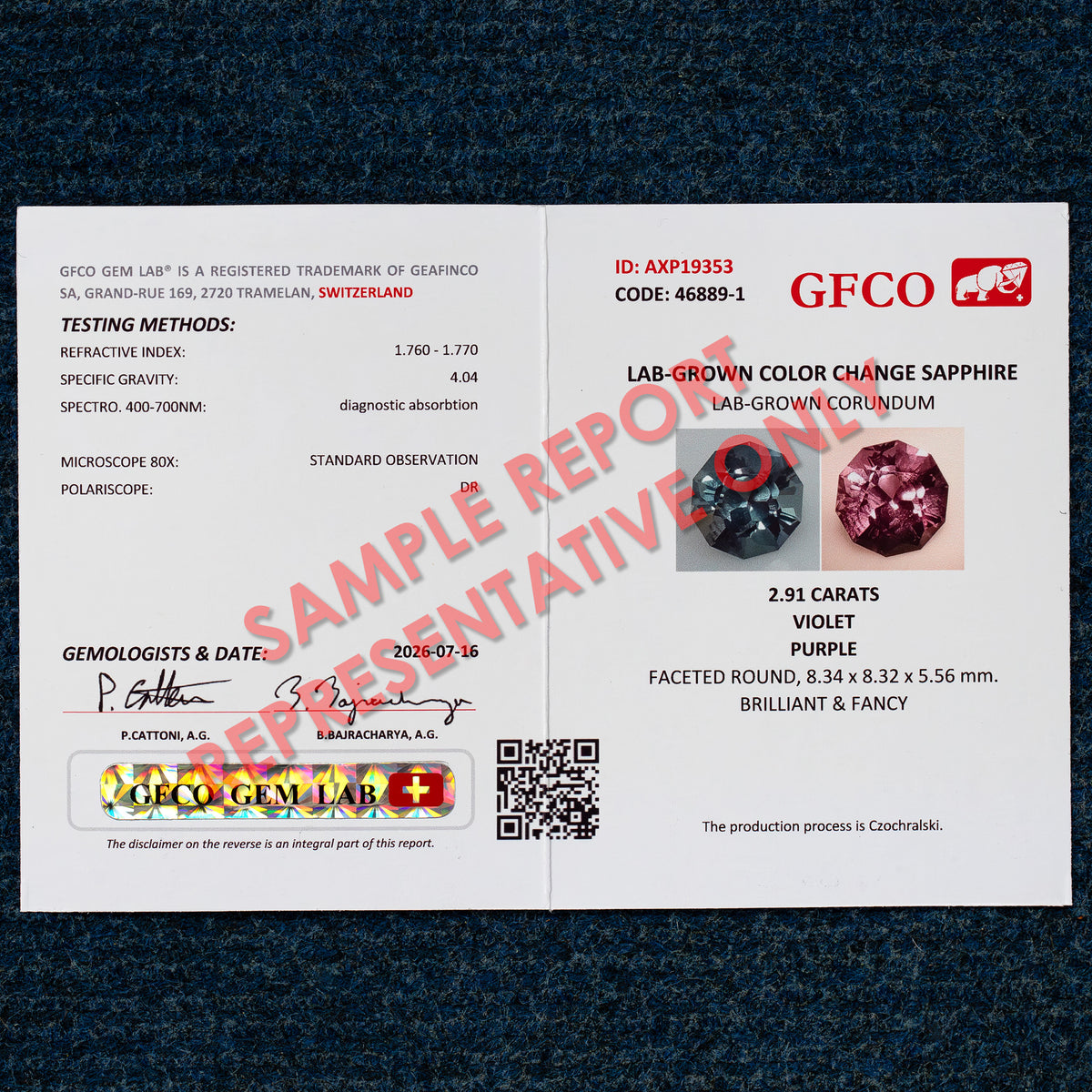 Representative GFCO Gem Lab sample report for SAKURA-01, clearly marked representative only.