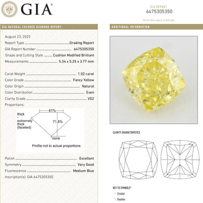 GIA report composite 6475305350 with a matching cushion-shaped yellow diamond photograph and grading details.