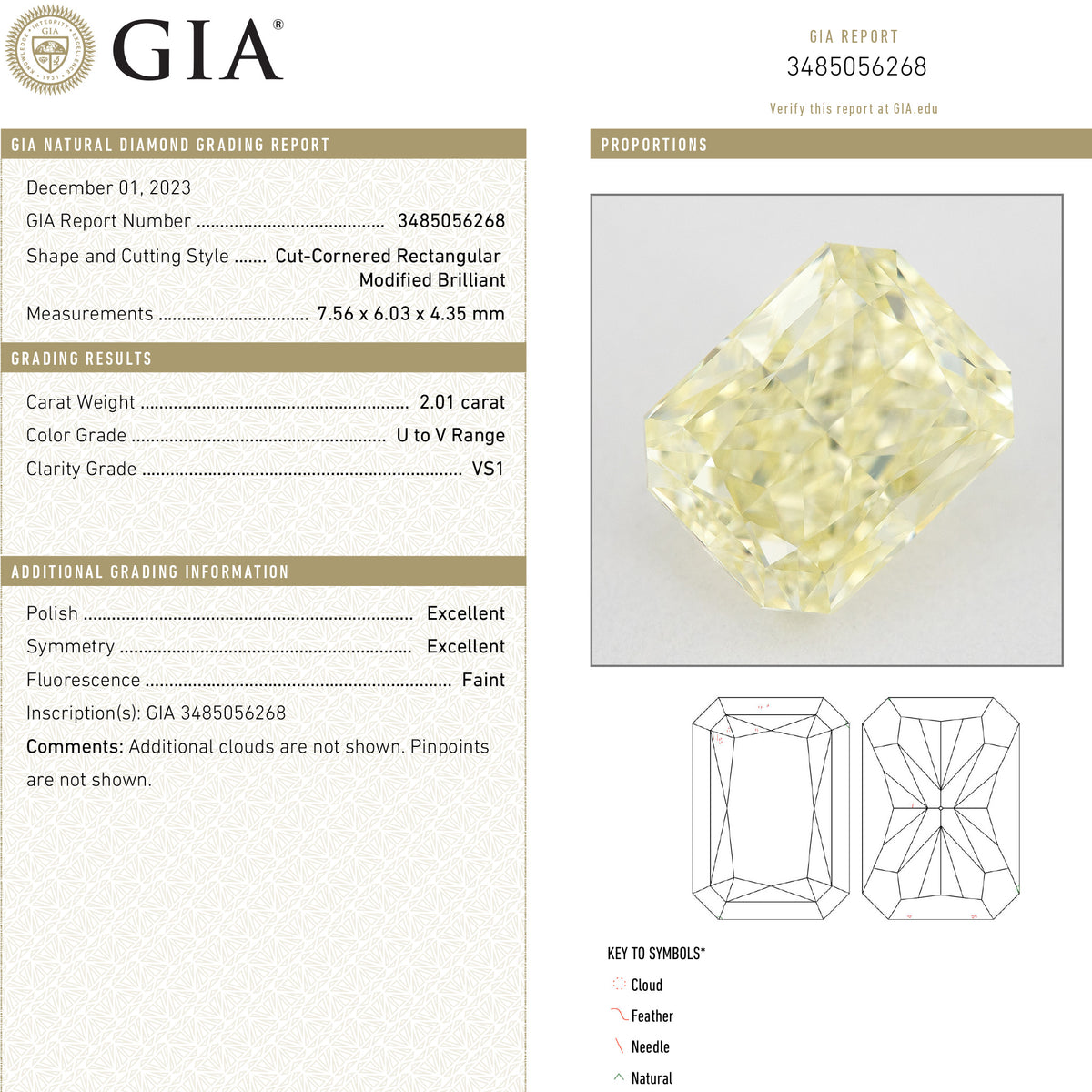 Composite showing GIA report 3485056268 and a photograph of the corresponding pale yellow rectangular radiant-cut natural diamond.