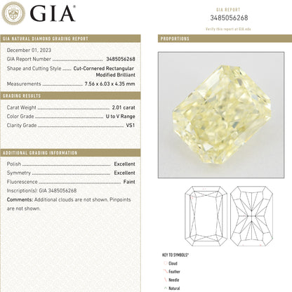 Composite showing GIA report 3485056268 and a photograph of the corresponding pale yellow rectangular radiant-cut natural diamond.