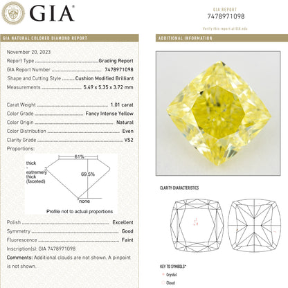 GIA report composite 7478971098 with a matching cushion-shaped yellow diamond photograph and grading details.
