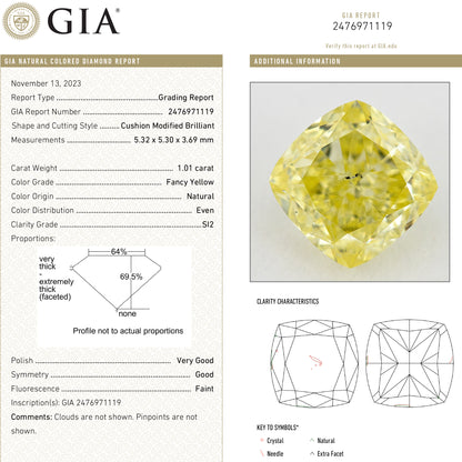 GIA report composite 2476971119 alongside a photograph of the matching cushion-shaped yellow diamond and grading details.