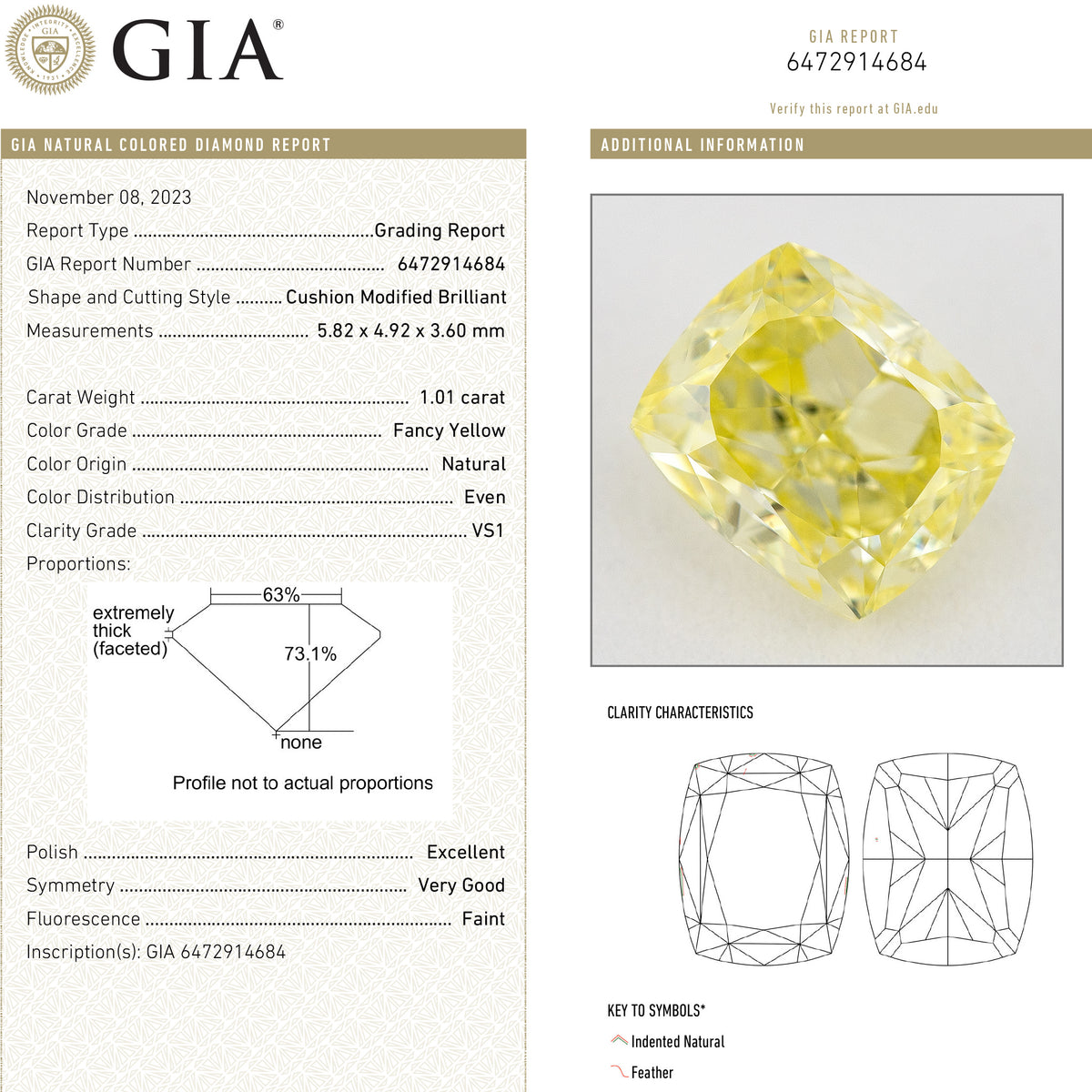 GIA report 6472914684 for this 1.01ct cushion diamond, showing grading details, proportions and clarity diagrams beside its photograph.