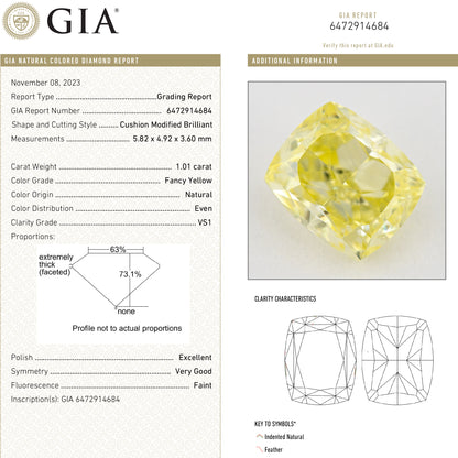 GIA report 6472914684 for this 1.01ct cushion diamond, showing grading details, proportions and clarity diagrams beside its photograph.