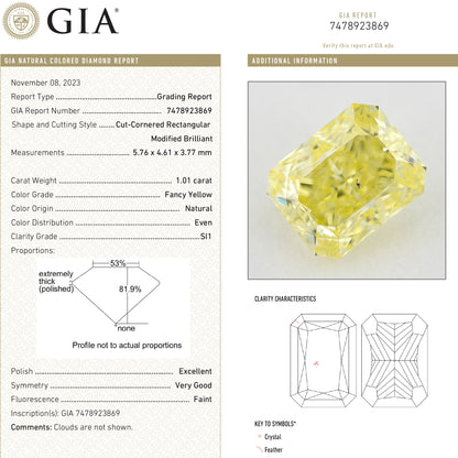 GIA report composite 7478923869 alongside a photograph of the matching cut-cornered rectangular yellow diamond and grading details.