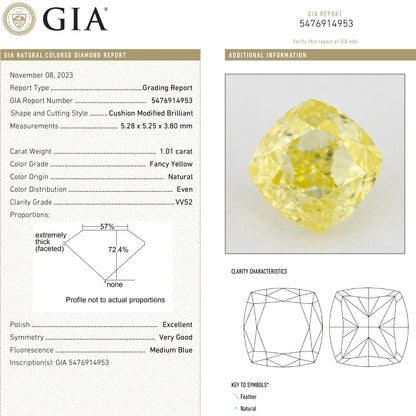 GIA report 5476914953 for the exact yellow cushion diamond.