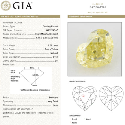 GIA report composite 5473964947 alongside a photograph of the matching heart-shaped yellow diamond and grading details.