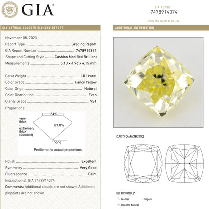 GIA report composite 7478914374 alongside a photograph of the matching cushion-shaped yellow diamond and grading details.