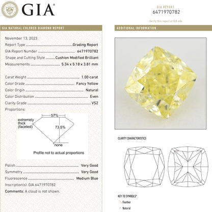 GIA report composite 6471970782 with a matching cushion-shaped yellow diamond photograph and grading details.