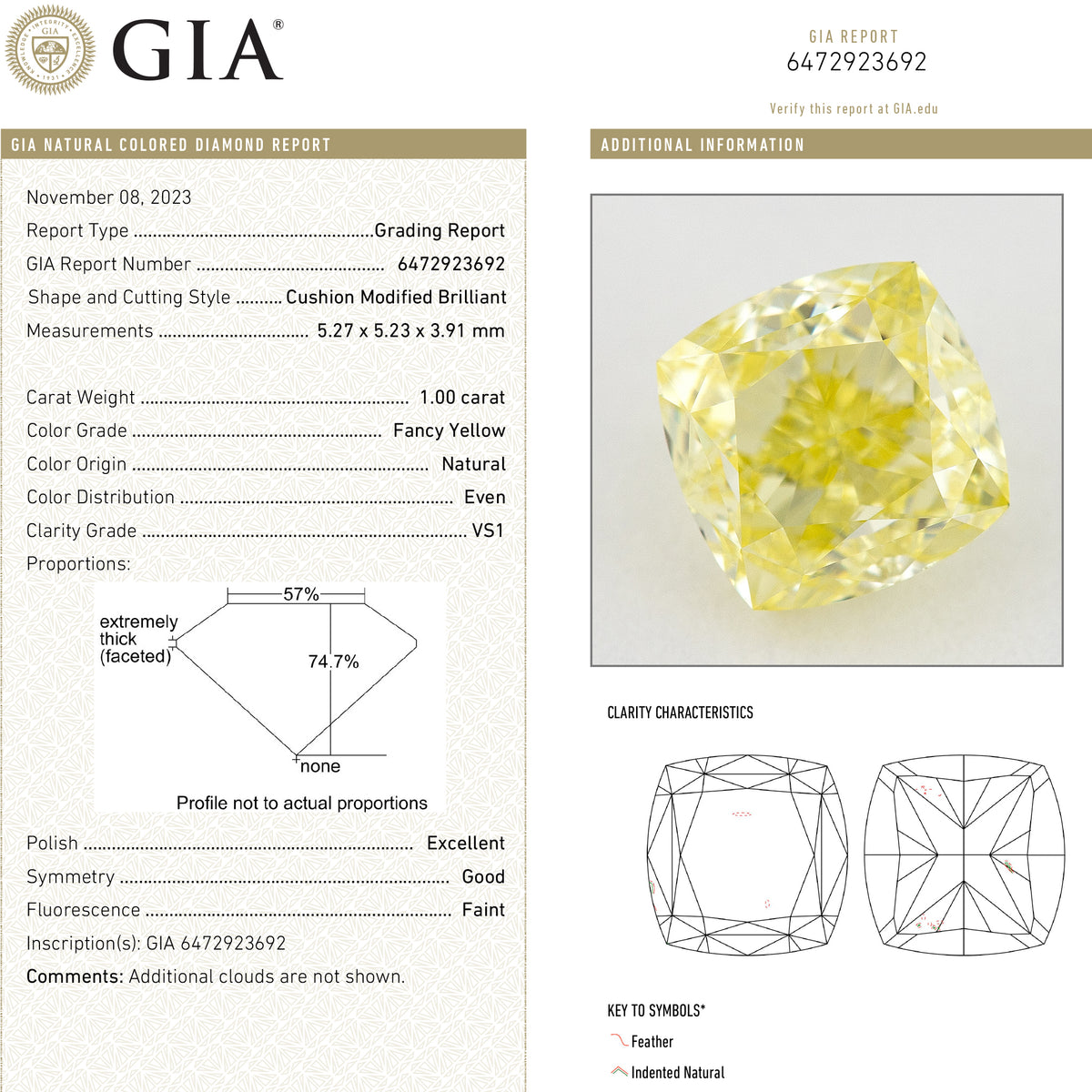 GIA report composite 6472923692 alongside a photograph of the matching cushion-shaped yellow diamond and grading details.
