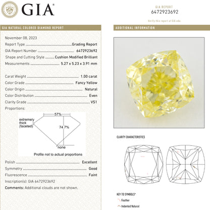 GIA report composite 6472923692 alongside a photograph of the matching cushion-shaped yellow diamond and grading details.