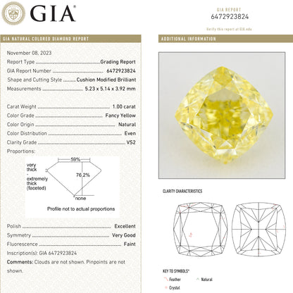 GIA report composite 6472923824 with a matching cushion-shaped yellow diamond photograph and grading details.