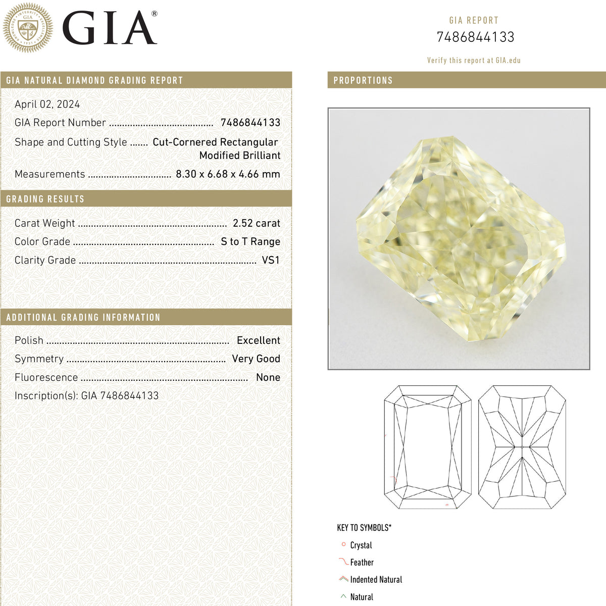 Composite showing GIA report 7486844133 and a photograph of the corresponding pale yellow rectangular radiant-cut natural diamond.