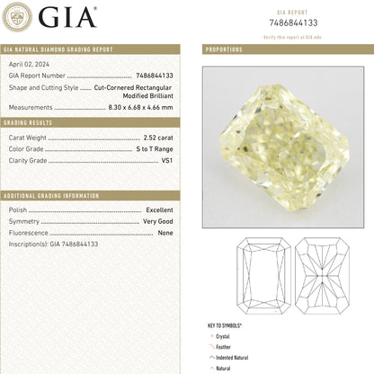Composite showing GIA report 7486844133 and a photograph of the corresponding pale yellow rectangular radiant-cut natural diamond.