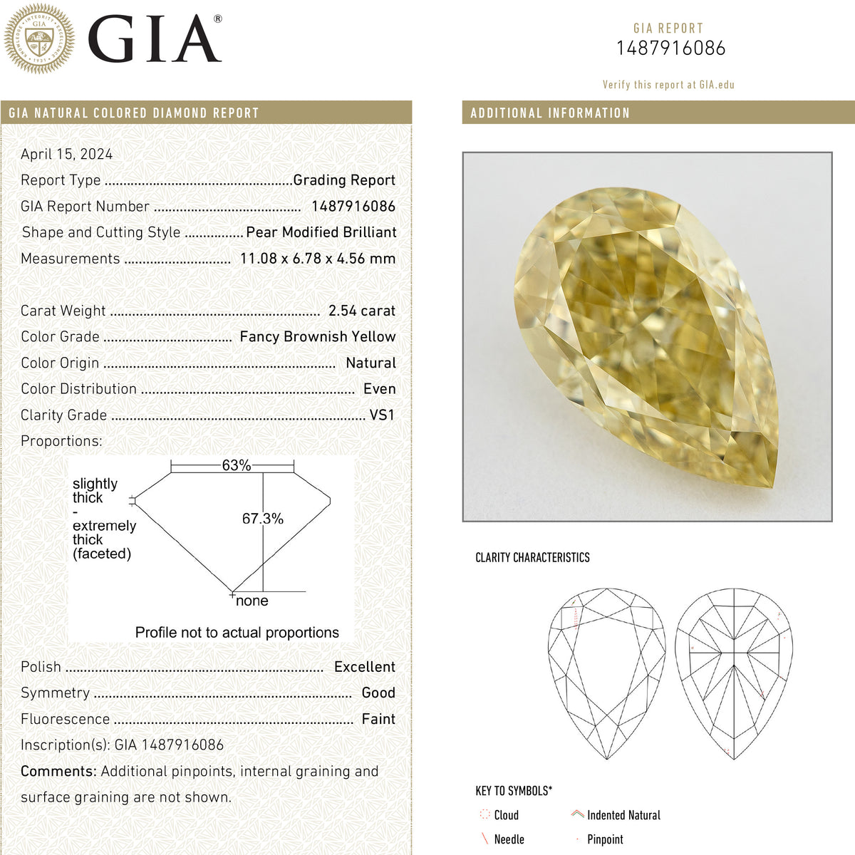 GIA report 1487916086 for this 2.54ct pear diamond, showing grading details, proportions and clarity diagrams beside its photograph.