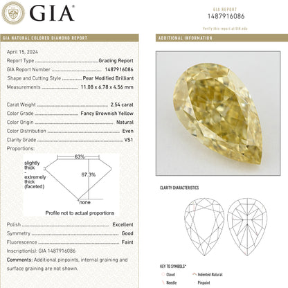GIA report 1487916086 for this 2.54ct pear diamond, showing grading details, proportions and clarity diagrams beside its photograph.
