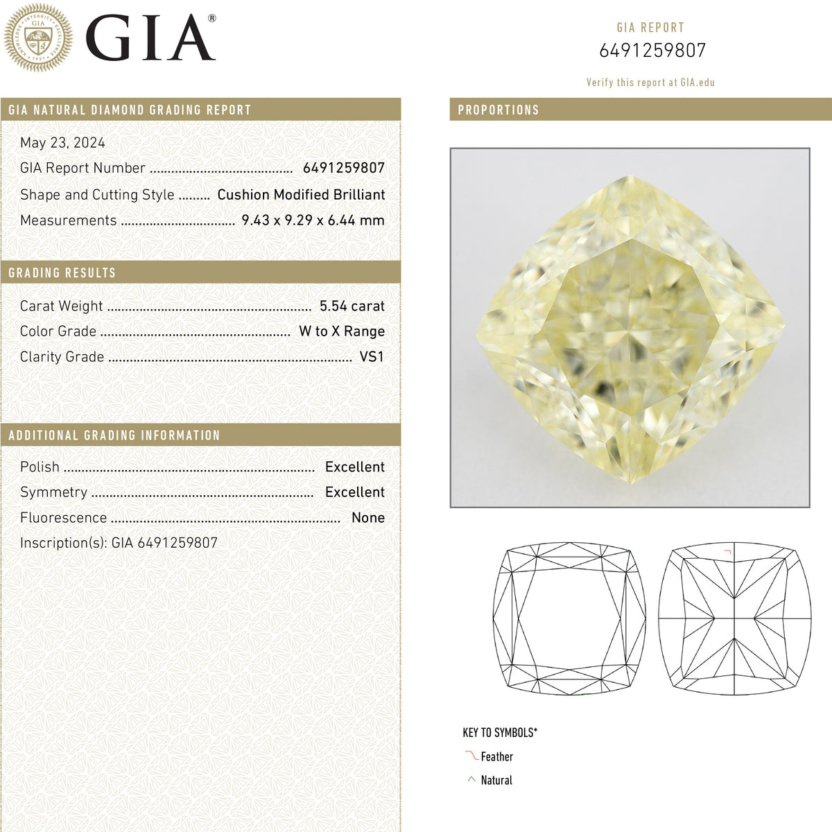 GIA report composite 6491259807 alongside a photograph of the matching cushion-shaped pale yellow diamond and grading details.