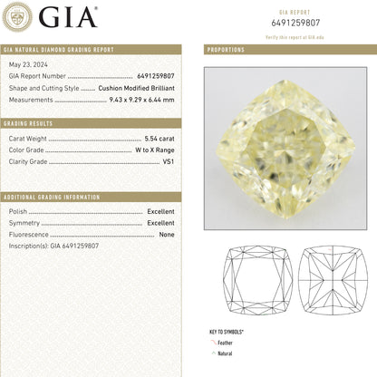 GIA report composite 6491259807 alongside a photograph of the matching cushion-shaped pale yellow diamond and grading details.