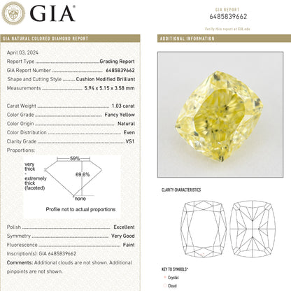 GIA report card 6485839662 with a matching cushion-shaped diamond photograph and report specifications.