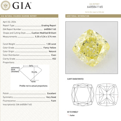 GIA report composite 6485841165 with a matching cushion-shaped yellow diamond photograph and grading details.