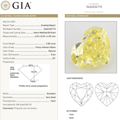 Composite showing GIA report 5466334710 and a photograph of the corresponding yellow heart-shaped natural diamond.