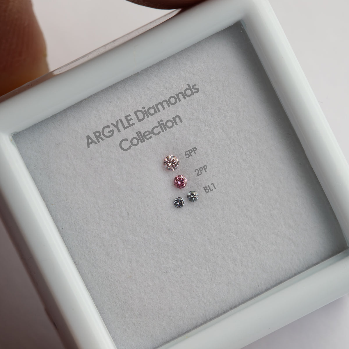 Wider tilted view of four diamonds in a white display frame with ARGYLE Diamonds Collection text and printed 5PP, 2PP and BL1 labels.