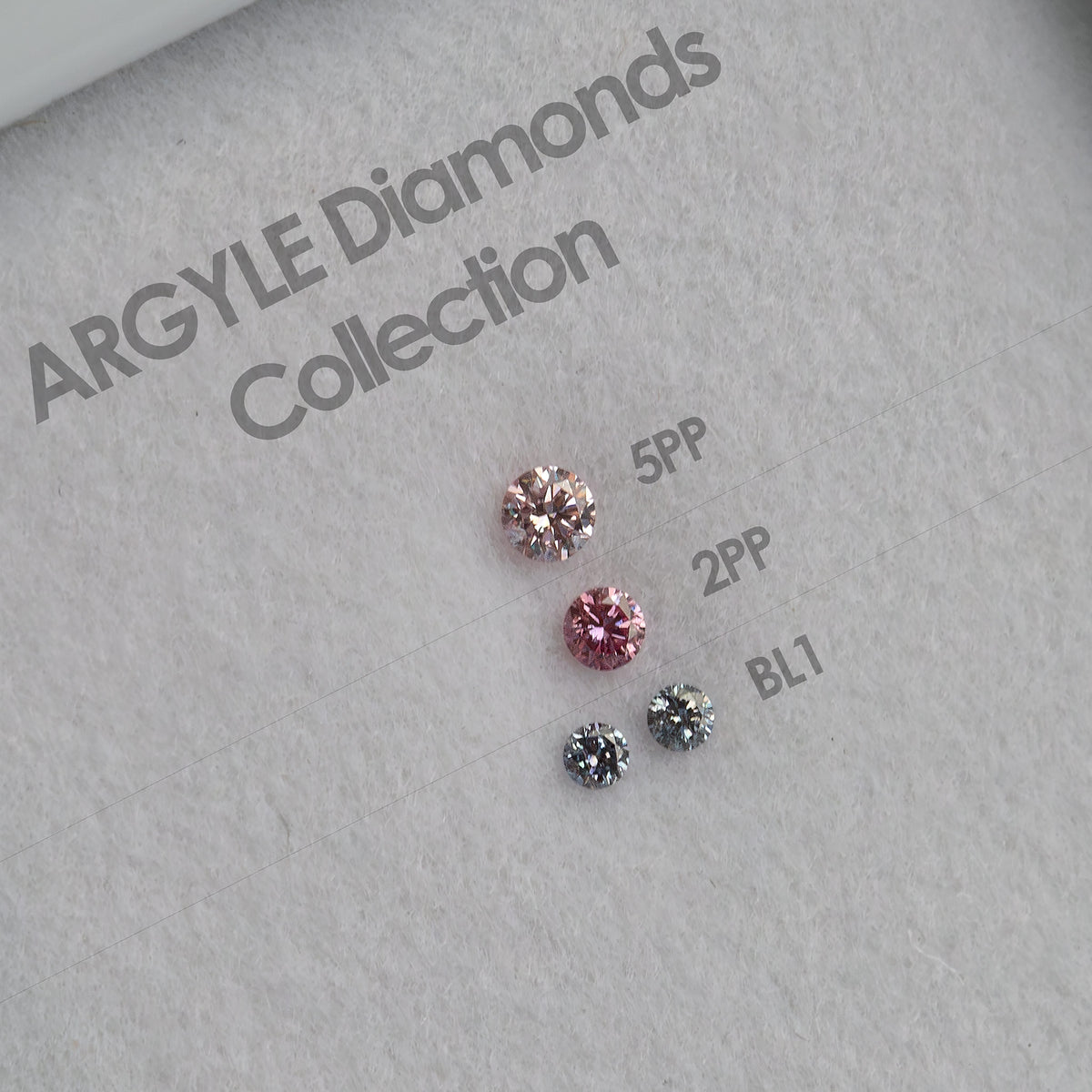 Face-up close-up of four diamonds beside printed 5PP, 2PP and BL1 merchant color labels on an ARGYLE Diamonds Collection display.