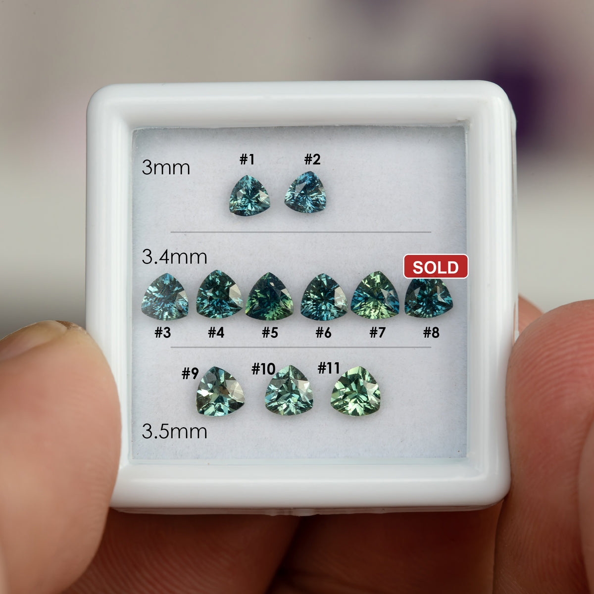 Numbered choice guide: 3.0 mm stones #1–2, 3.4 mm stones #3–8 with #8 marked sold, and 3.5 mm stones #9–11.