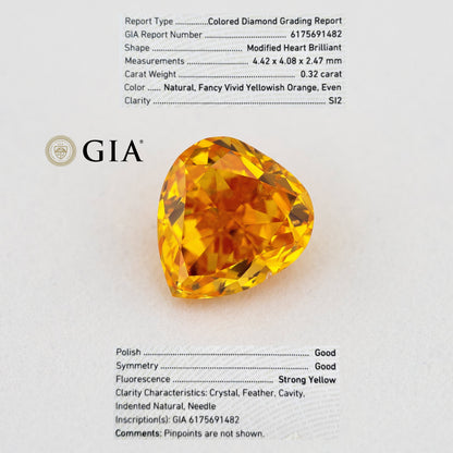 GIA report composite 6175691482 alongside a photograph of the matching heart-shaped orange diamond and grading details.