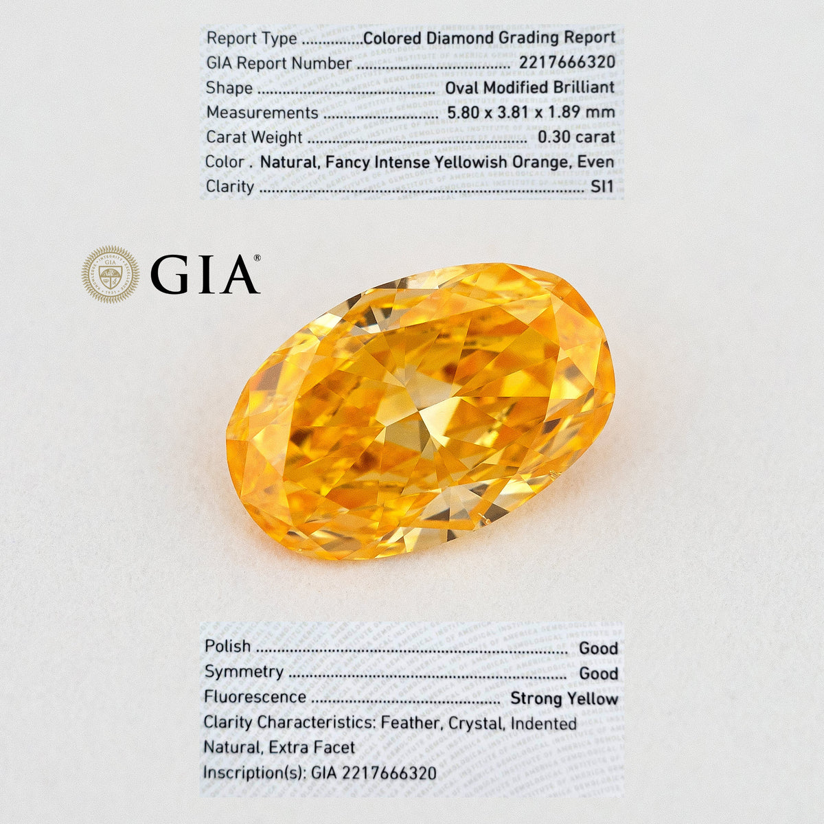 GIA report composite 2217666320 alongside a photograph of the matching oval orange diamond and grading details.