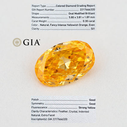 GIA report composite 2217666320 alongside a photograph of the matching oval orange diamond and grading details.