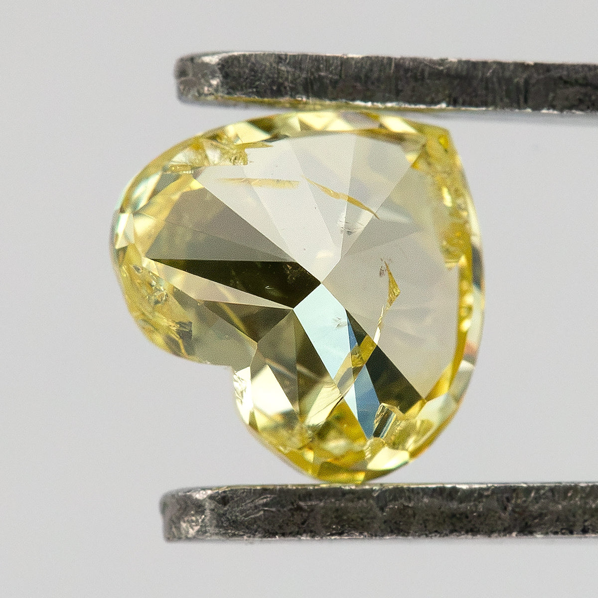 Pavilion view of the yellow heart-shaped diamond in tweezers, with broad triangular reflections across the back.