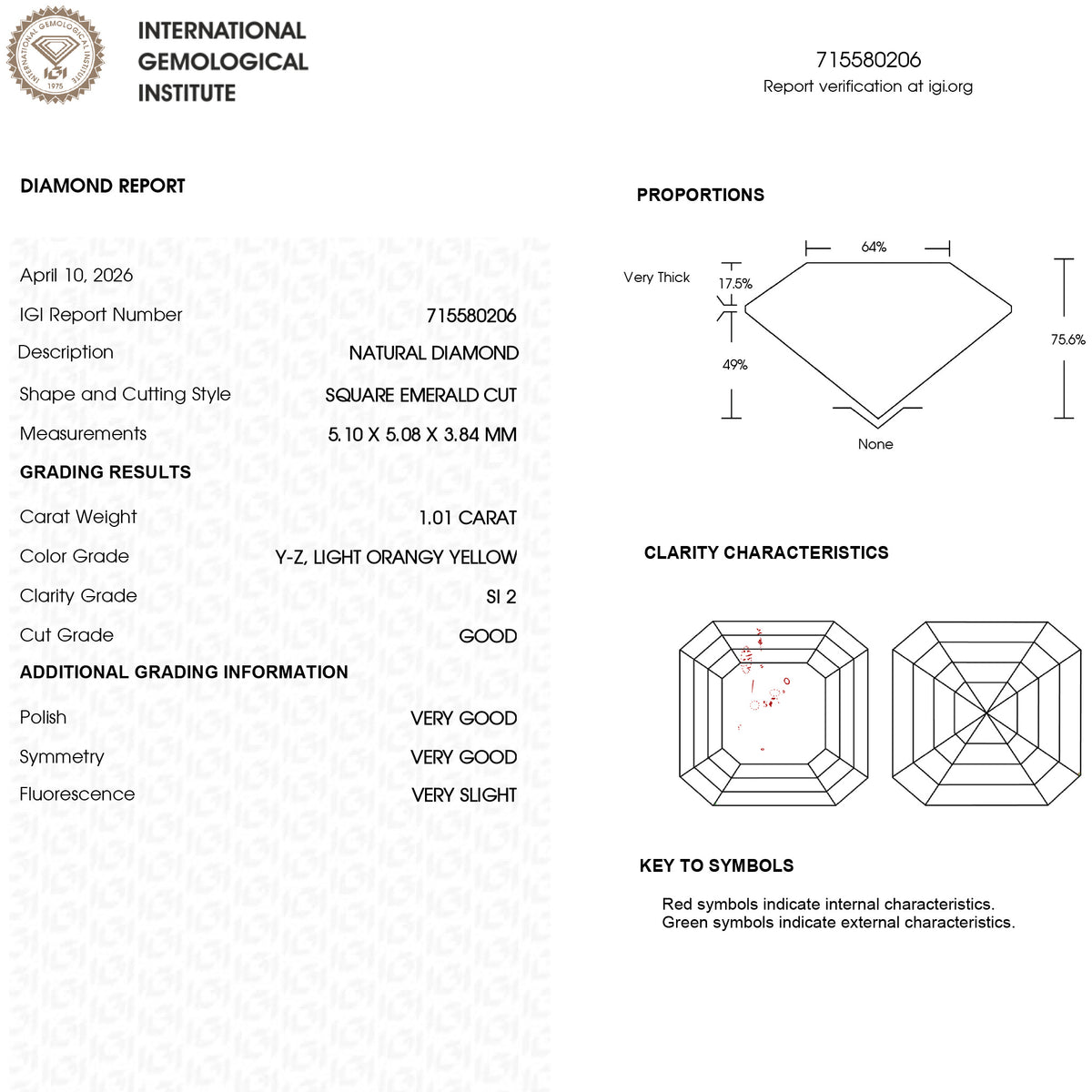 IGI diamond report 715580206 for BF0103, recording 1.01 ct, Y-Z Light Orangy Yellow, SI2 and Square Emerald Cut.