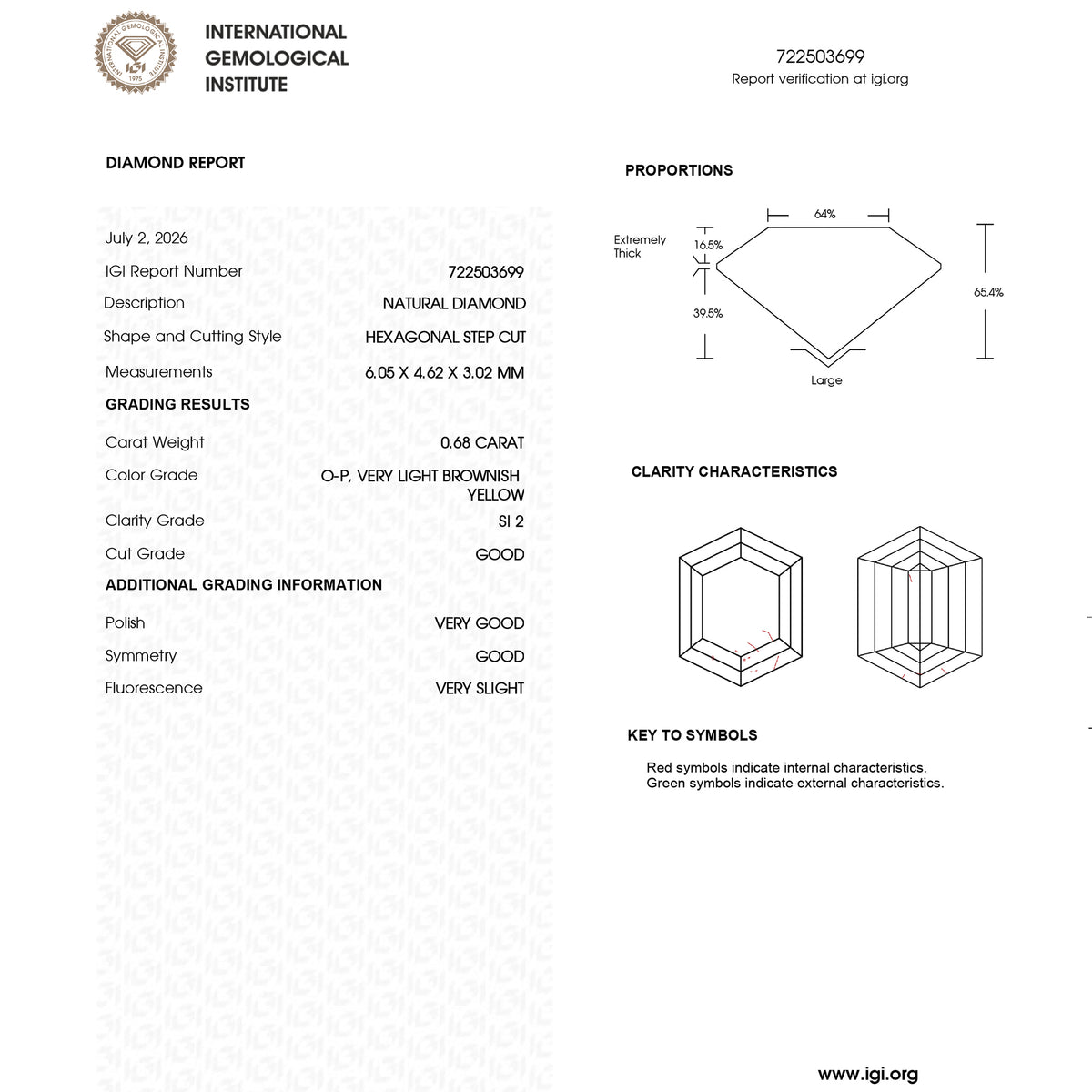 IGI Diamond Report 722503699 for the exact 0.68 ct natural hexagonal step-cut diamond