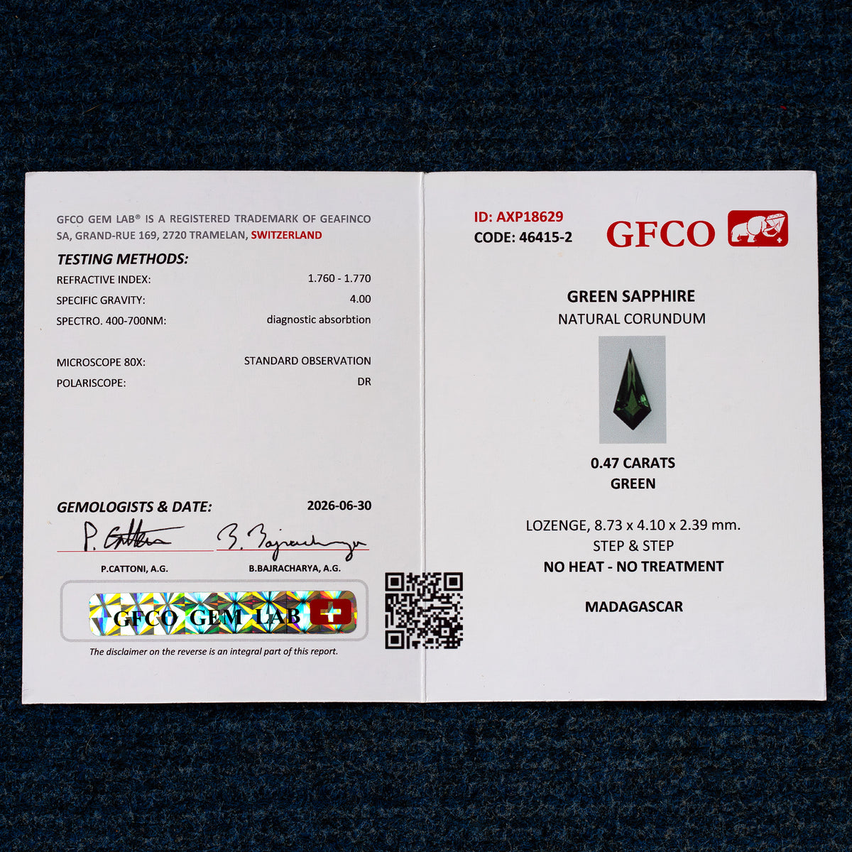 GFCO Gem Lab report AXP18629 for 0.47 ct natural green lozenge sapphire, SKU BNS164